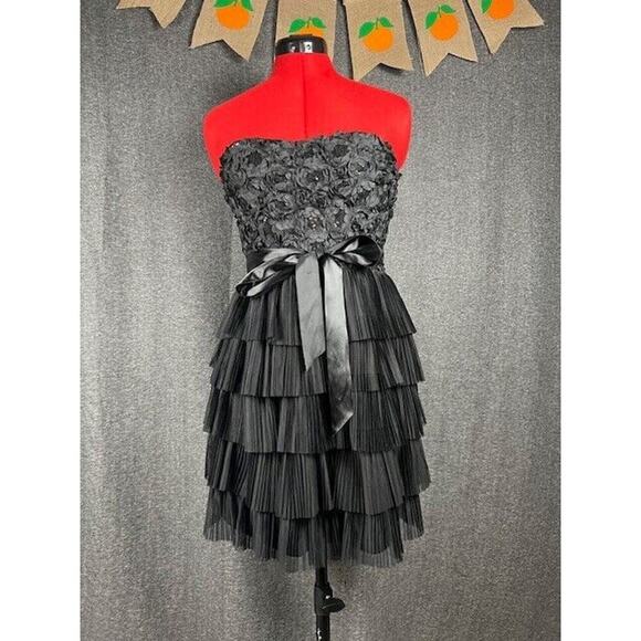 As U Wish Ruffle Strapless Black Floral Sequined Mini Dress Size 7 - Picture 1 of 7